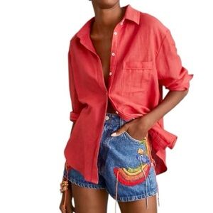 Anthropologie Maeve Bennett linen blend watermelon red button down long sleeve M